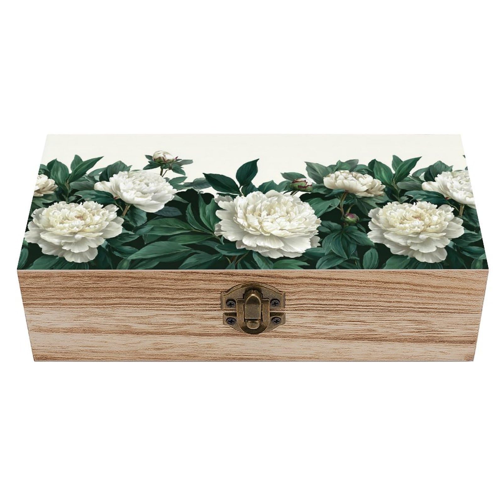 Jubonexis White Peonies with Dark Green Leaves Wooden Storage Box with Hinged Lid And Front Clasp Large Keepsake Box