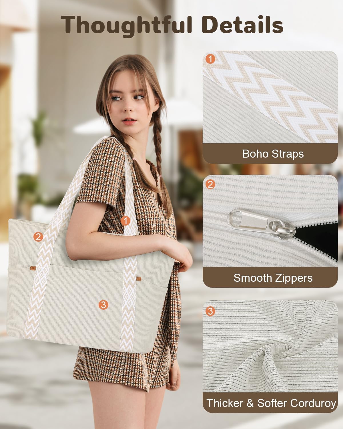 Large Corduroy Tote Bag with Zipper for Women, 15.6" Laptop Work Tote Bag with Boho Straps for Casual Daily Travel