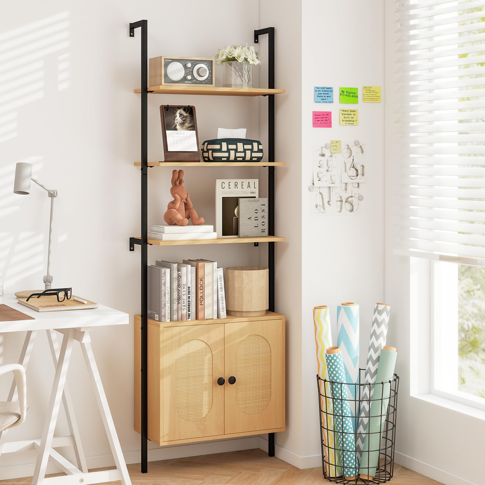 COSTWAY Estantería Escalera de Pared, Estantería de Ratán con 3 Niveles y Armario, Marco de Metal, Libreria Estrecha Salon Dormitorio Oficina Baño, Natural, 60 x 30 x 184 cm