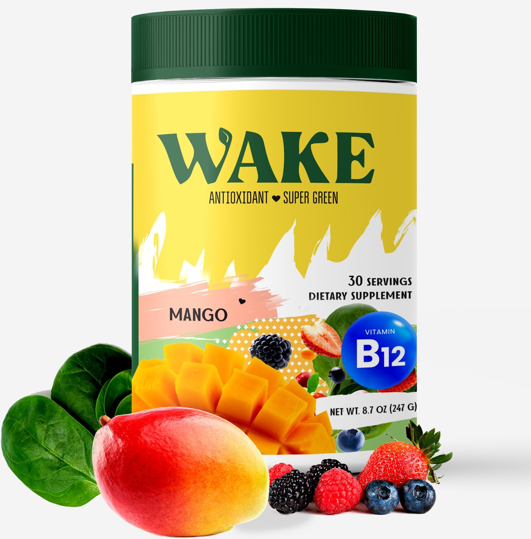 Wake Antioxidant Super Greens, Best Natural Powder Superfood, Spirulina & Chlorella, Vitamin B12, Non-GMO Vegan Drink, Juice & Smoothie Blend, Enzymes, Probiotics, Acai Berry & Camu Camu