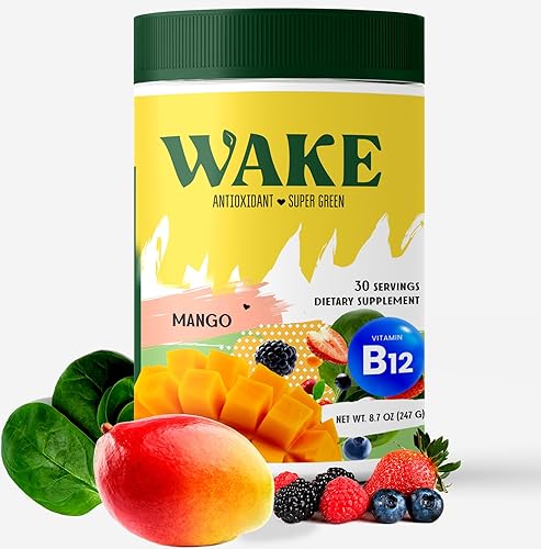 Wake Antioxidant Super Greens, el mejor superalimento natural en polvo, espirulina y clorella, vitamina B12, bebida vegana sin OMG, mezcla de jugo y