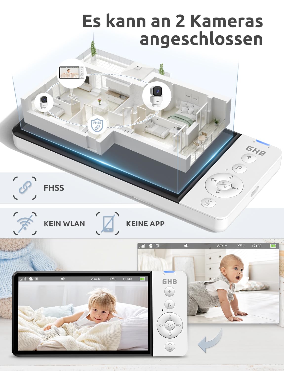 GHB Babyphone mit Kamera 5 Zoll 720P HD Display mit bis zu 168h Akkulaufzeit im VOX Bewegungserkennung Split-Screen-Anzeige Nachtsicht 4X Zoom Schwenkbar