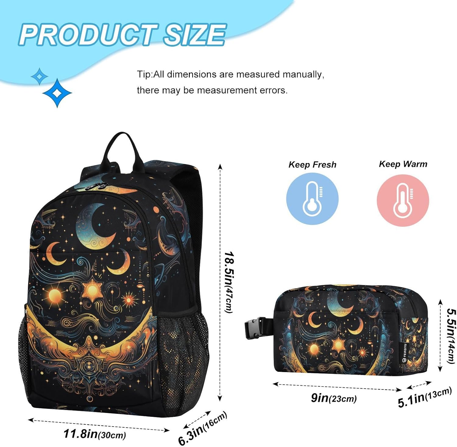 ALAZA Sun Moon Stars Alchemy Witchy Backpack and Lunch Bag Set Back Pack Bookbag Cooler Case Kits