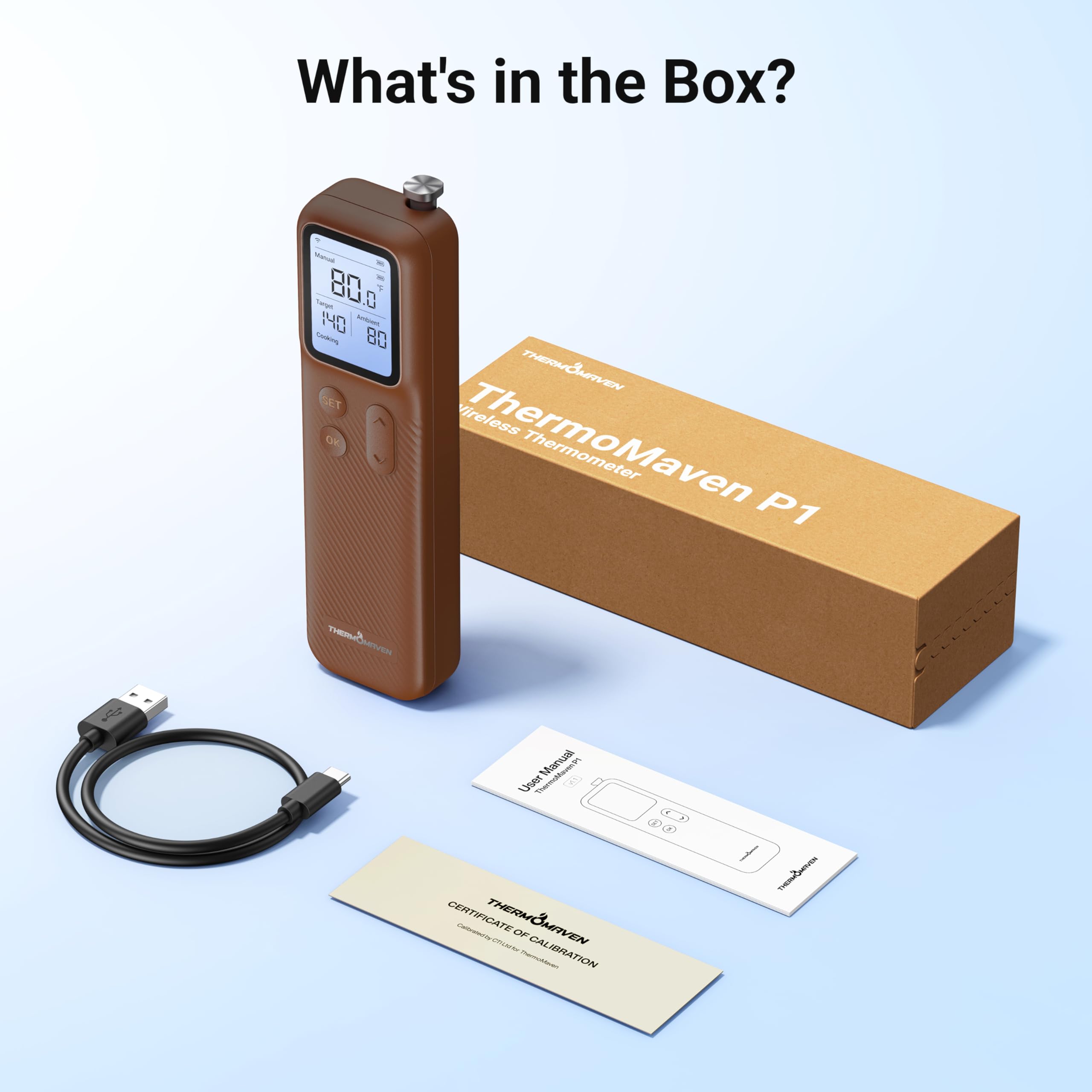 ThermoMaven Smartes Bluetooth Fleischthermometer Kabellos, Basisstation, WLAN Unbegrenzte Reichweite, NIST-zertifizierte Genauigkeit, App Warnungen, Für Grill, Ofen, Smoker, BBQ (Dunkelbraun)