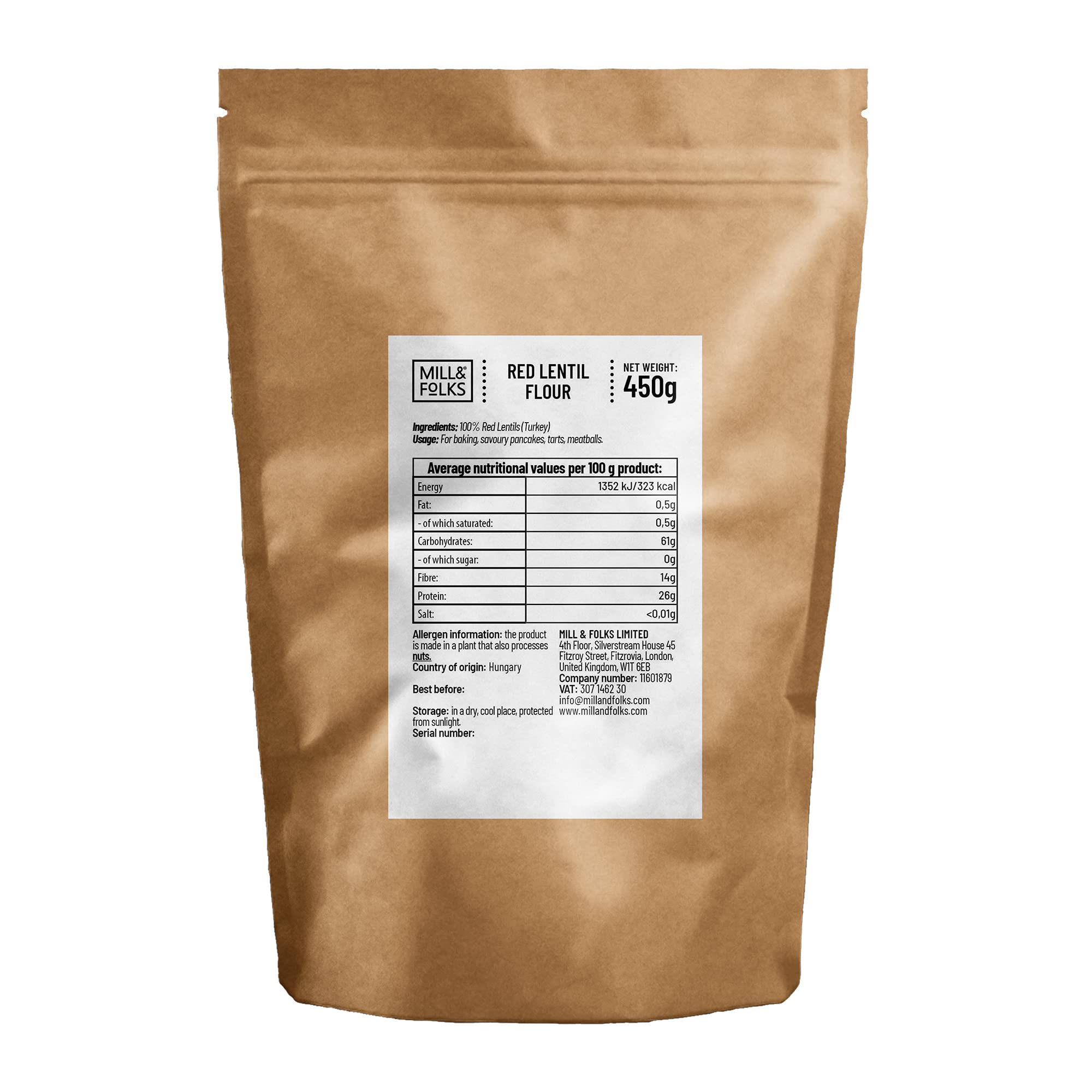 Mill & Folks Harina de lentejas rojas, 4 x 450 g, vegana y sin gluten