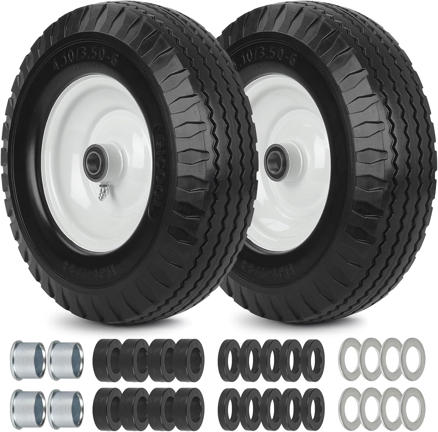 4.10/3.50-6 Flat Free Tire and Wheel, with 3"-3.5''-4.0''-4.5'' Centered Hub, and 3/4" & 5/8" Bearings, Replacement for Wheelbarrow, Hand Truck/All Purpose Utility Tire on Wheel, (2 Pack)