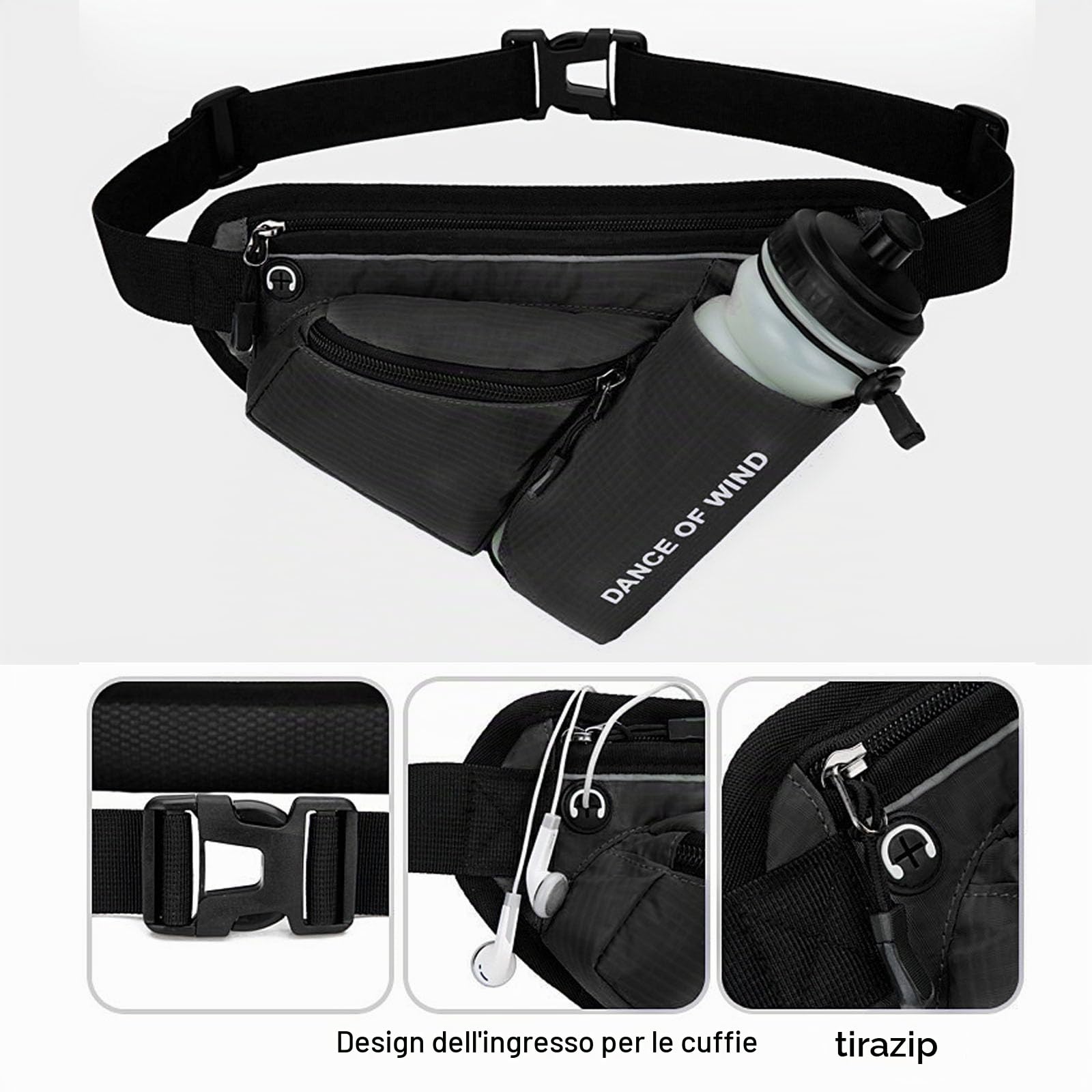 Marsupio Running con Porta Borraccia, Marsupio Sportivo Uomo Donna Regolabile (84-124cm), Impermeabile e Leggero per Corsa, Trekking, Viaggio, con Foro per Cuffie
