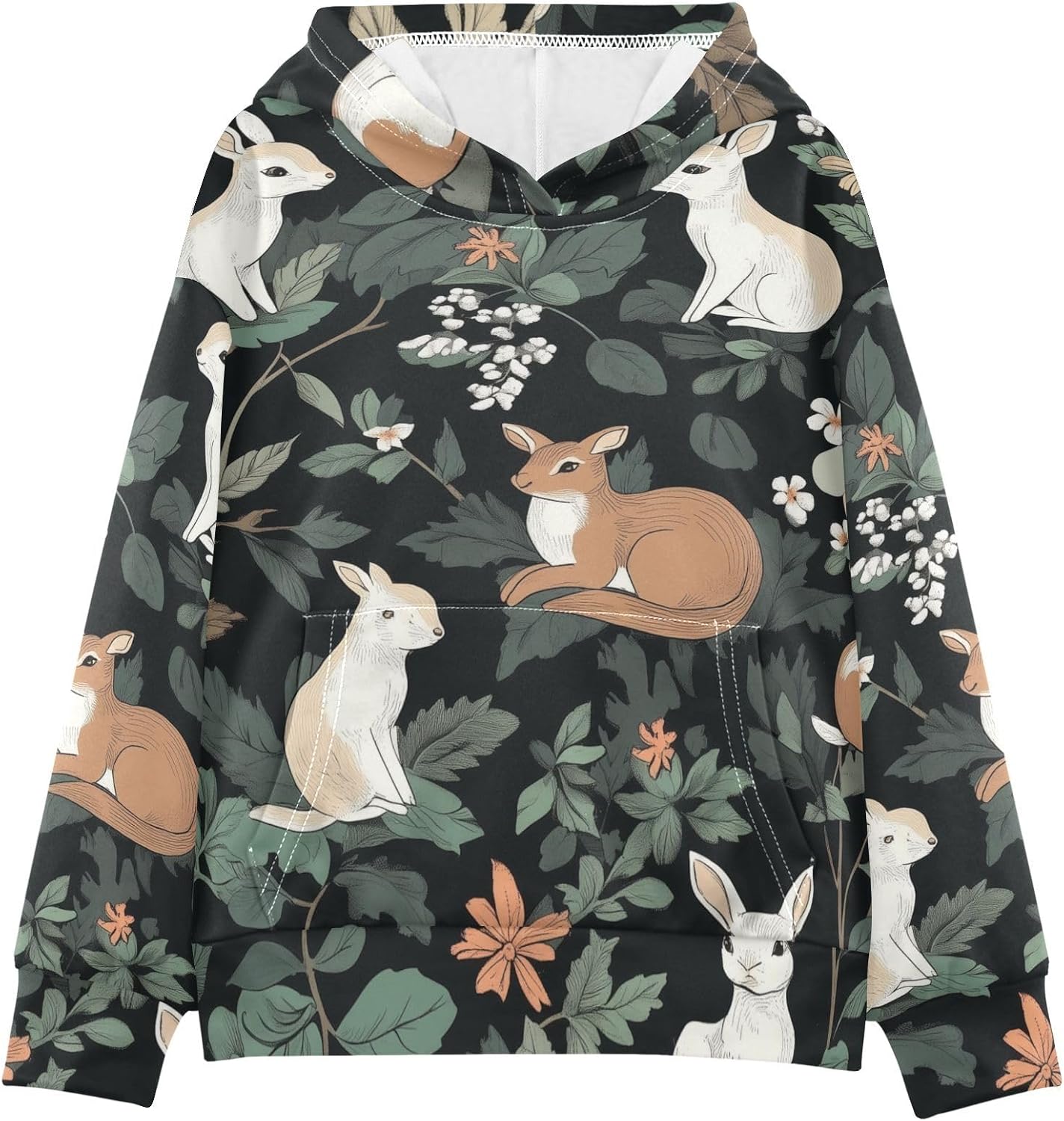 ZZXXB Rabbit Flowers Kids Sweatshirts Boys Girls Hooded Kangaroo Pocket Pullover Tops XS-XXL