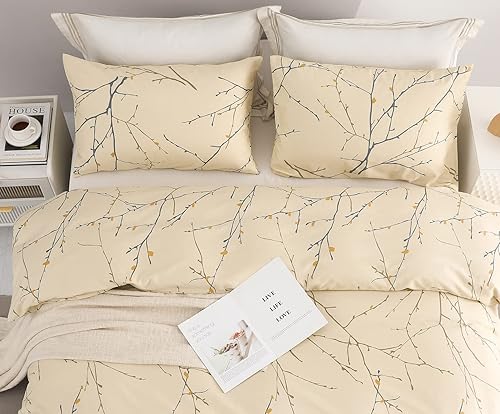 Miniatura 4 de SLEEPBELLA Funda de edredón tamaño individual, 600 hilos de algodón con ramas color crema reversible (tamaño individual, rama crema)