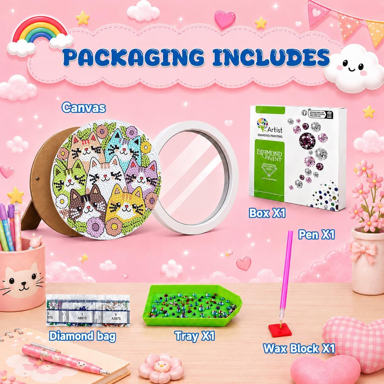 Diamond Art Kit for Kids with Frame - Whimsical Cats Diamond Painting Kits image 4