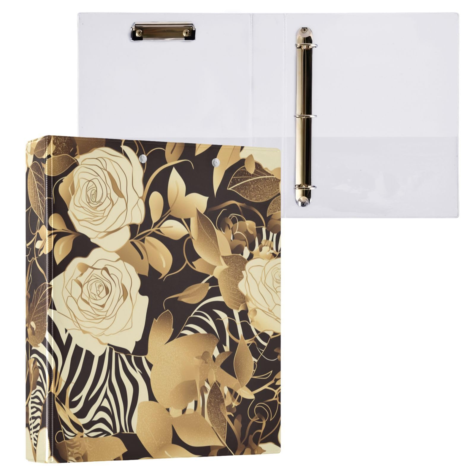 Ringbuch, 3,5 cm, Schwarz und Gold, romantische Blumen