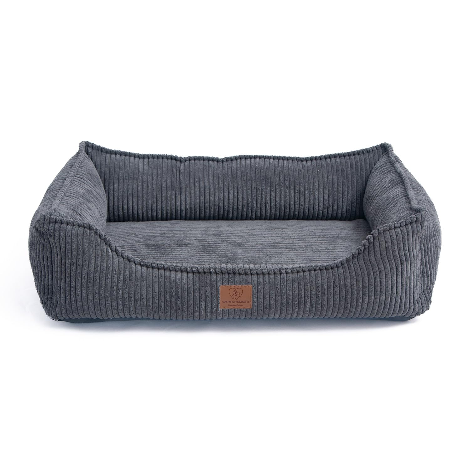 Orthopädisches Premium Hundebett aus Cord für kleine und mittelgroße Hunde, extra Halteschlaufe, Wasserdichter Innenbezug, Hundesofa, Hundekissen, Bezug abnehmbar, waschbar, 80 x 60 x 17 cm, Grau (M)