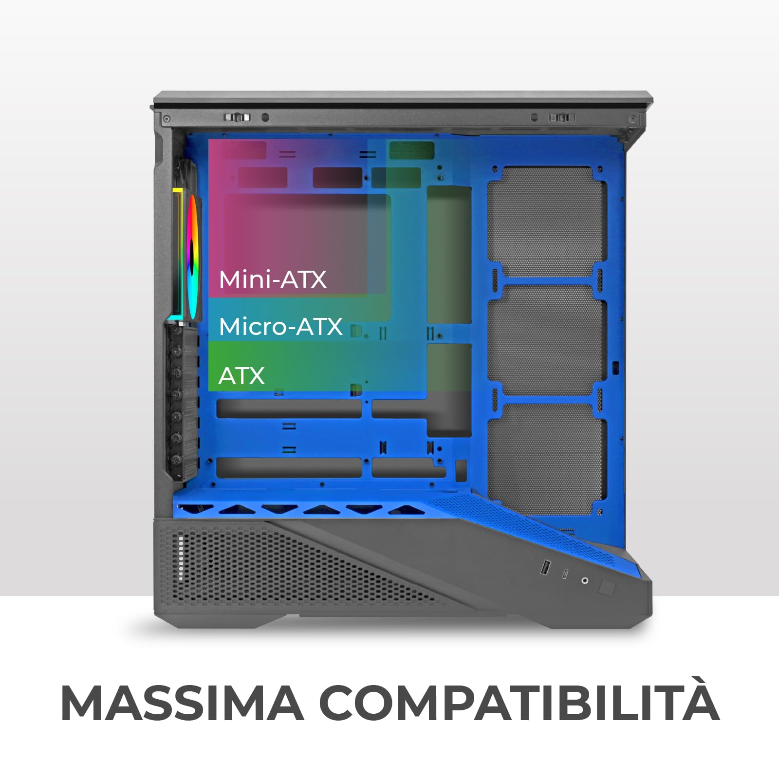 Noua Cool GB200 | Case PC Gaming ATX Mid Tower | Ventola PWM Led ARGB | USB 3.0 e Type-C | Supporto Raffreddamento Liquido 360 mm | Vetro Temperato e Mesh | Blu