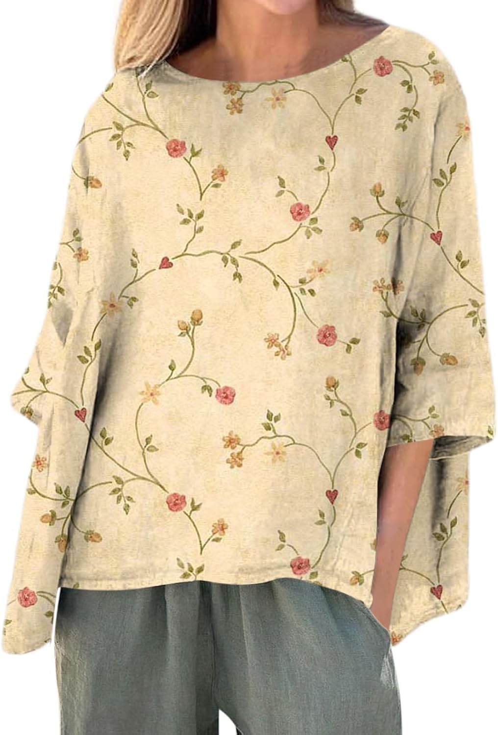 Chemisier Femme à Manches 3/4 - Imprimé Floral Vintage - T-shirt Boutonné Décontracté Pour Bureau, Sortie, Quotidien