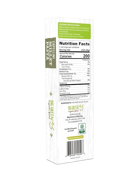 Big Green Organic Food- Organic Millet Capellini, Gluten-Free, Lectin-Free, Non-GMO, Vegan, Wheat and Rice Alternative, 8.8oz (1)
