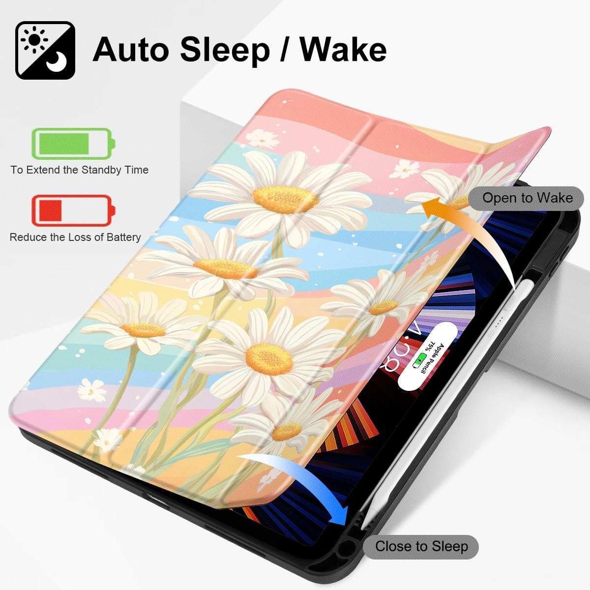 Mektron Case for iPad Air 11 inch (M4 2026 8th /M3 2025 7th /M2 2024 6th), Compatible with iPad Air 10.9" (2022 5th Gen /2020 4th Gen) Tablet Cover Buit in Pencil Holder, Colorful Daisy