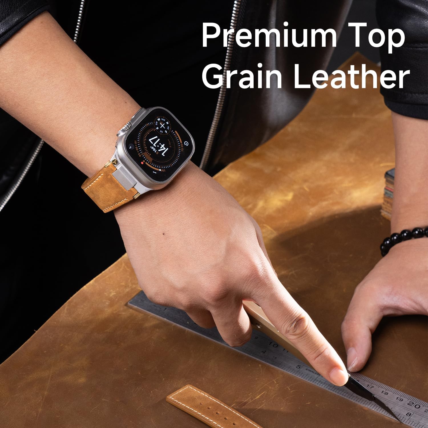 Unfettered Genuine Leather Band for Apple Watch Ultra 3/2, 49mm 46mm 45mm 44mm 42mm, Men's Vintage Full-Grain Replacement Strap with Folding Clasp & Metal Connector, Compatible with Series 11–1 SE
