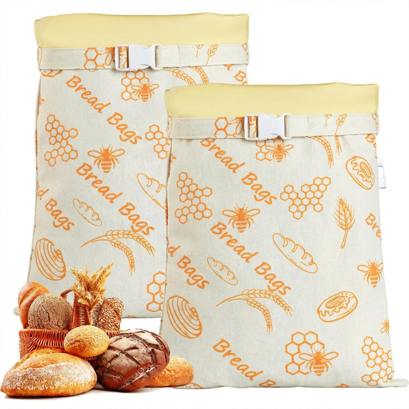 2PCS Beeswax Bread Bags, Reusable Cotton Linen Bread Storage Bags with Natural Beeswaxs Lining, Extra Large Beeswax Food Storage Bags with Zip Closure for Sourdough & Artisan Loaves (E)