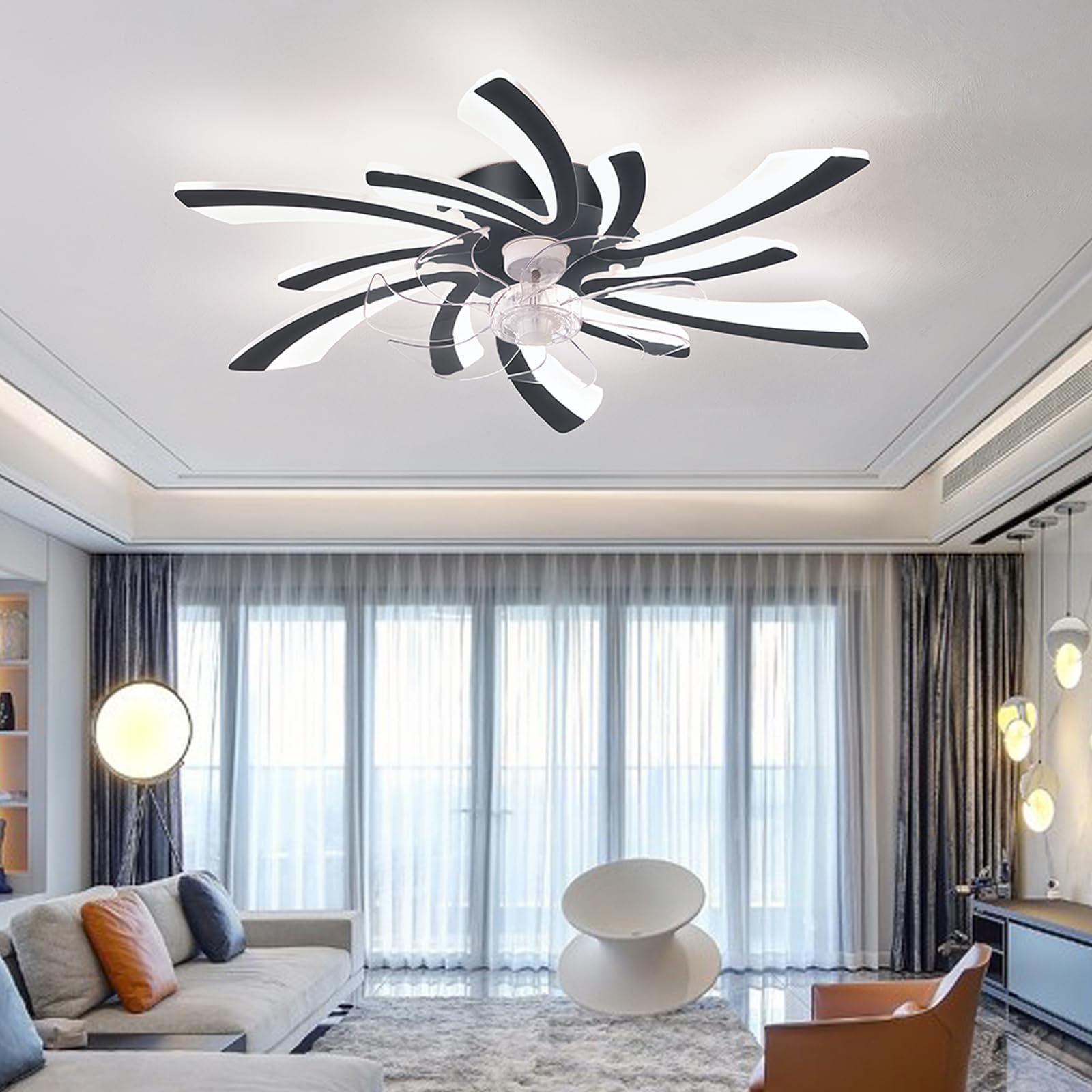 SXDMOUBK Silent Ceiling Fans with Lights and Remote Control Dimmable 6 Speed Living Room Fan Light Ceiling 30.7 in Dc Timer Reversible Ceiling Light with Fan Bedroom Modern Smart-Black