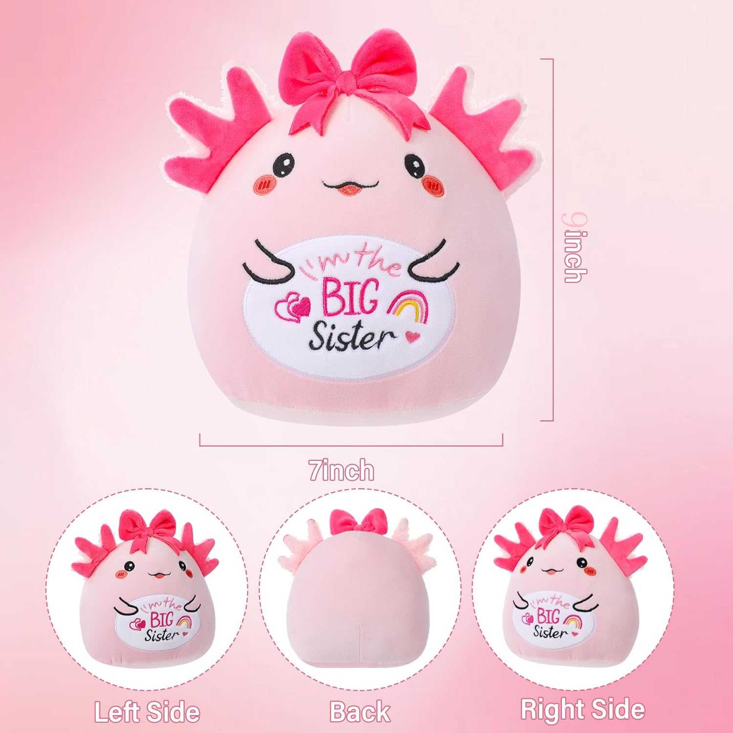 Big Sister Pink Axolotl Plush - I’m the Big Sister Salamander Stuffed Animal for Girls Perfect Christmas New Baby Announcement Sibling Gift Ideas 9 Inch
