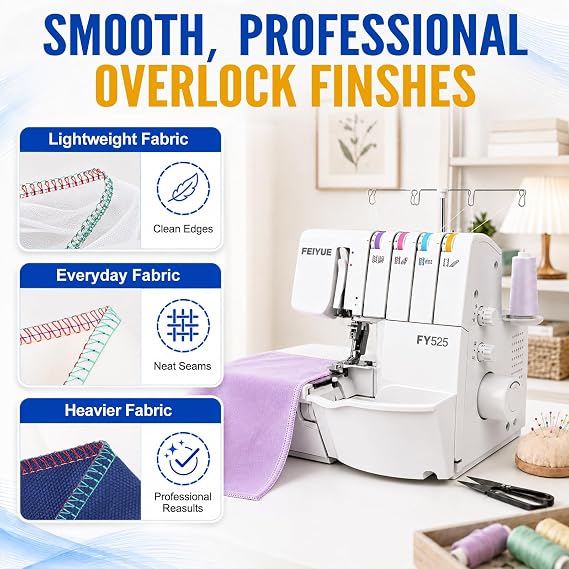 FEIYUE FY525 Serger Overlock Machine, 2/3/4 Thread Serger with Adjustable Differential Feed, 1200 Stitches per Minute, Built-In Rolled Hem, Color Coded Threading, Heavy-Duty Metal Frame, 6 LED Lights