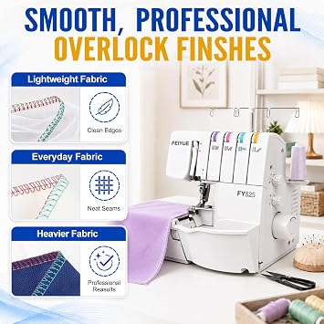 FEIYUE FY525 Serger Overlock Machine, 2/3/4 Thread Serger with Adjustable Differential Feed, 1200 Stitches per Minute, Built-In Rolled Hem, Color Coded Threading, Heavy-Duty Metal Frame, 6 LED Lights