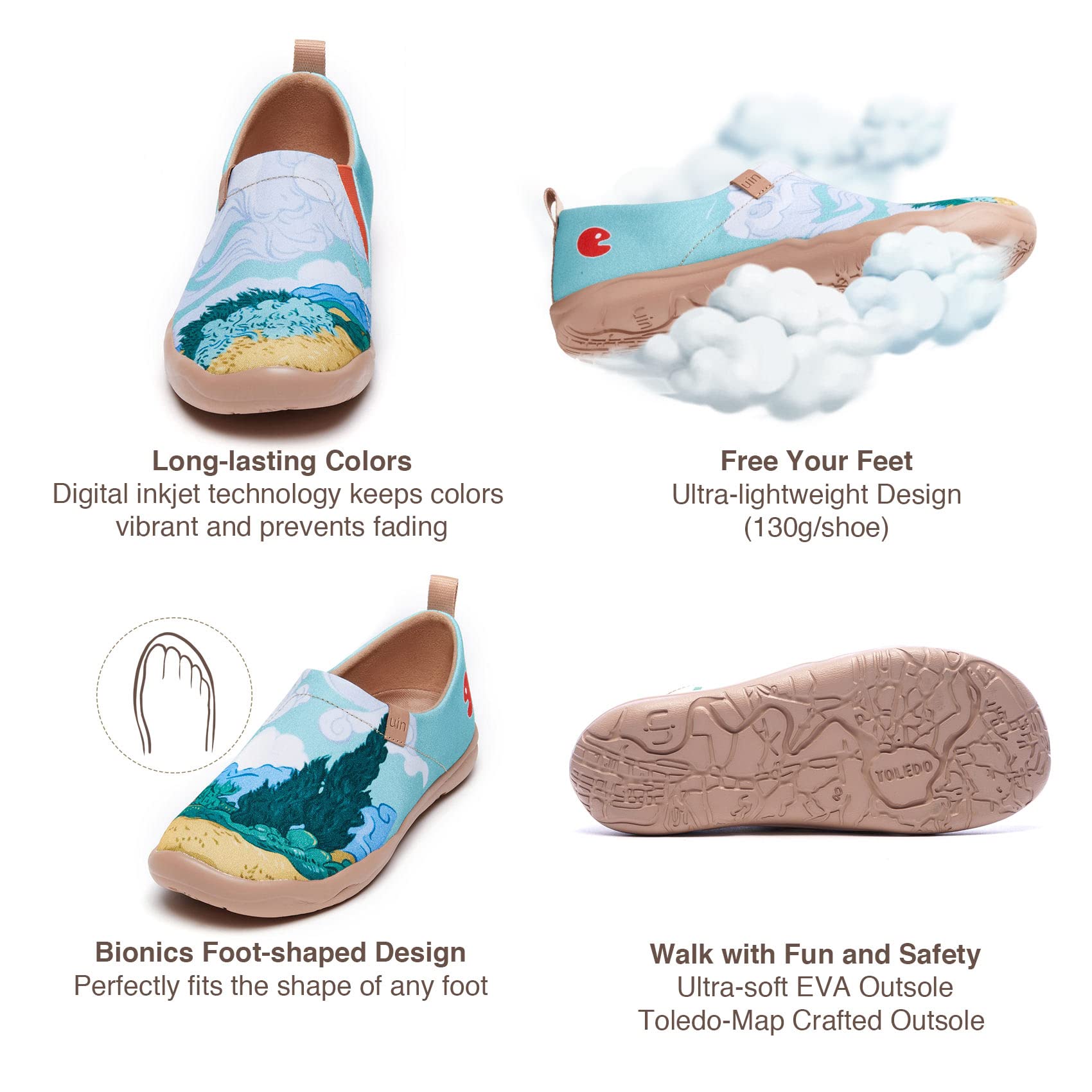 UIN Damen Slip Ons Schuhe Kunst Gemalt Loafer Lässige Wanderschuhe Leichtgewicht Bequeme kunstbemalte Reiseschuhe Toledo 1