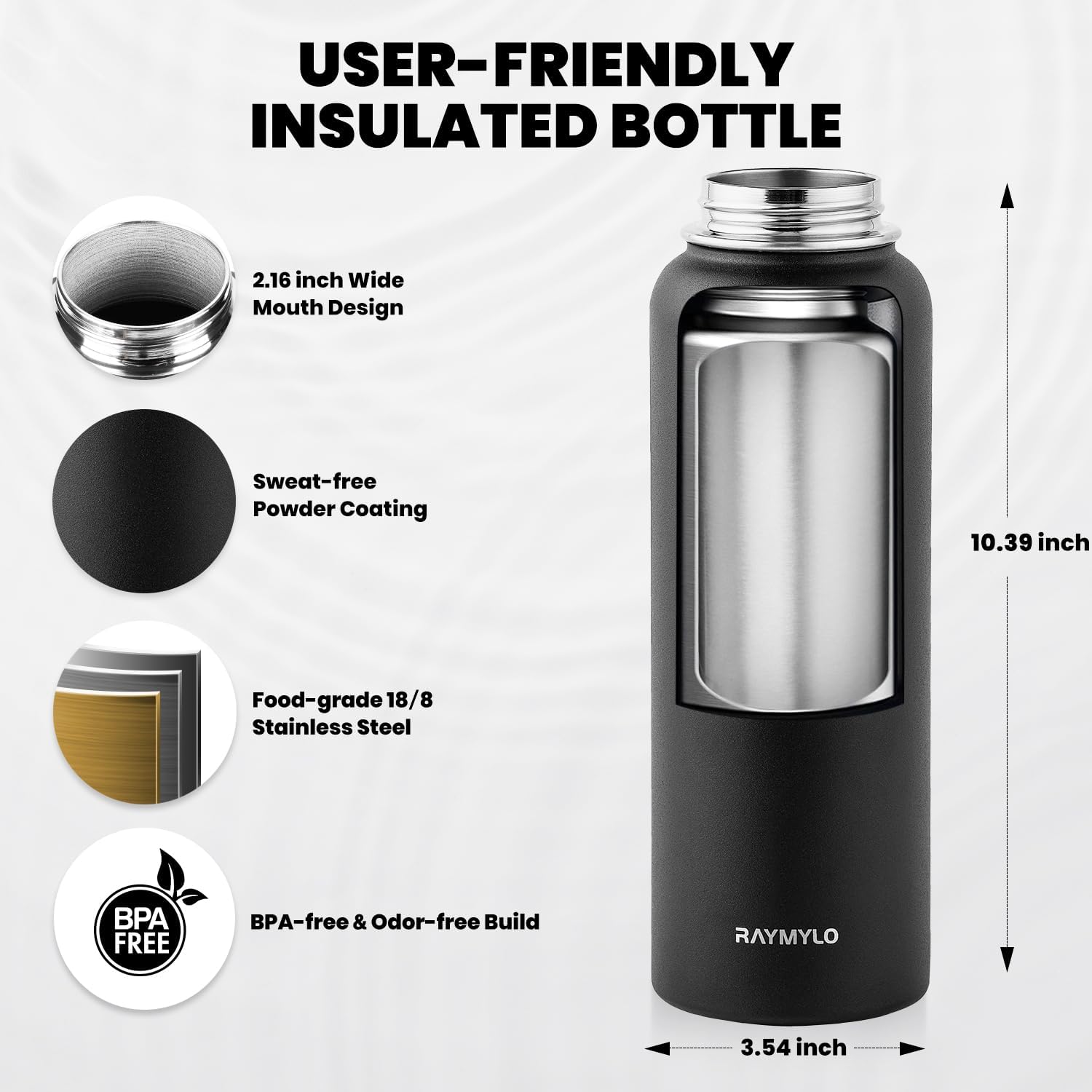 Insulated Water Bottle 40 oz, Triple Wall Vacuum Stainless Steel (Cold for 48 Hrs), Leak Proof & Non-BPA, Modern Water Flask Jug with Paracord Handle & Straw Spout Lids, Magic Black - Image 5