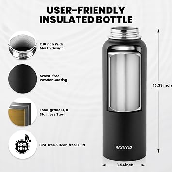 RAYMYLO Insulated Water Bottle 40 oz, Triple Wall Vacuum Stainless Steel (Cold for 36Hrs, Hot for 18Hrs), Leak Proof & Non-BPA, Modern Water Flask Jug with Paracord Handle & Straw Spout Lids