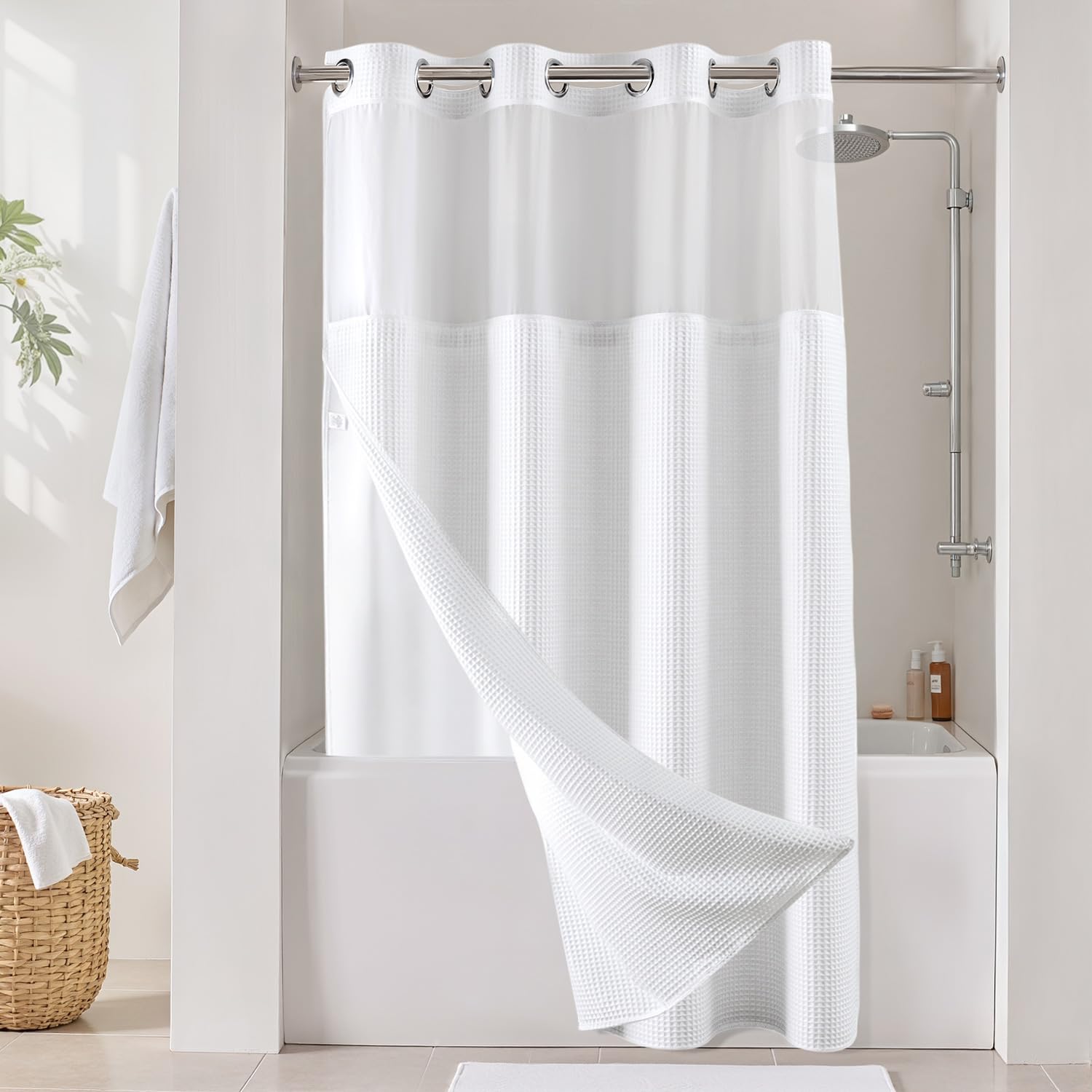 Photo 1 of River Dream White Fabric Shower Curtain Set, Cotton Blend, Waffle Weave, with Snap in Replacement Liner?54 x 80 inches