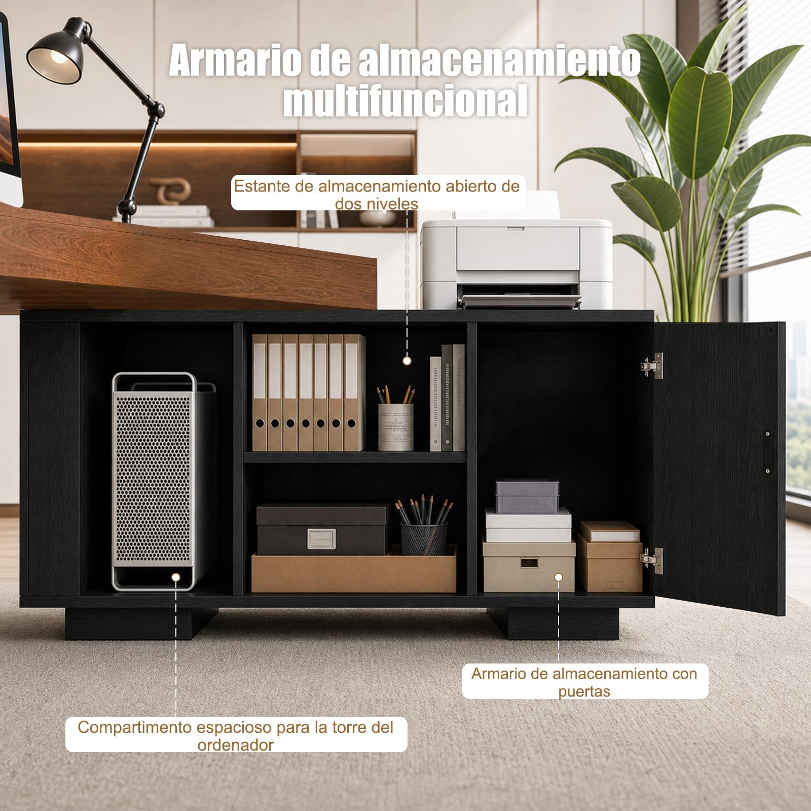 Escritorio Ejecutivo con Almacenamiento Mesa de Oficina con Armario y Gestión de Cables, Despacho y Estudio, Mesa Profesional para Directivos y Teletrabajo