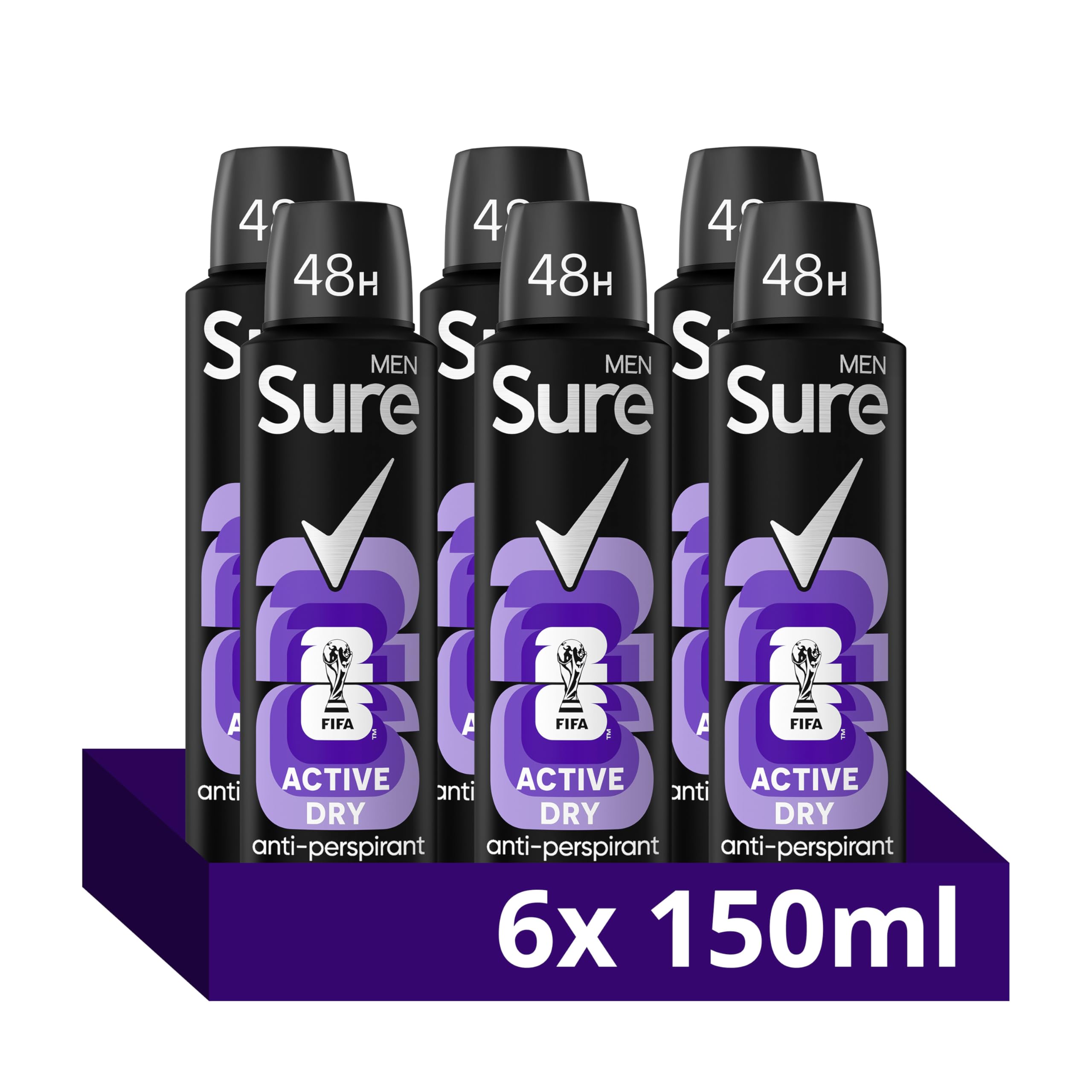 Men Active Dry Deodorant Body Spray Antiperspirant with MotionSense technology for 48 hour protection against sweat and odour 150 ml, Pack of 6