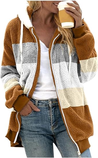Fuzzy Fleece Jackets for Women Plus Size Hoodies Fall Winter Coats Color Block Patchwork Cardigan Coat with Pockets