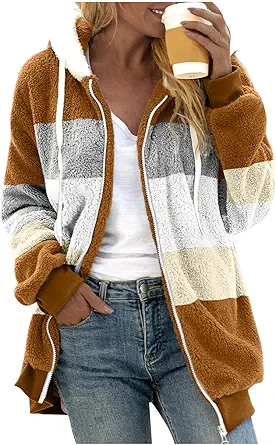 Fuzzy Fleece Jackets for Women Plus Size Hoodies Fall Winter Coats Color Block Patchwork Cardigan Coat with Pockets