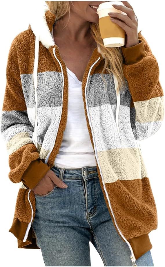 Fuzzy Fleece Jackets for Women Plus Size Hoodies Fall Winter Coats Color Block Patchwork Cardigan Coat with Pockets