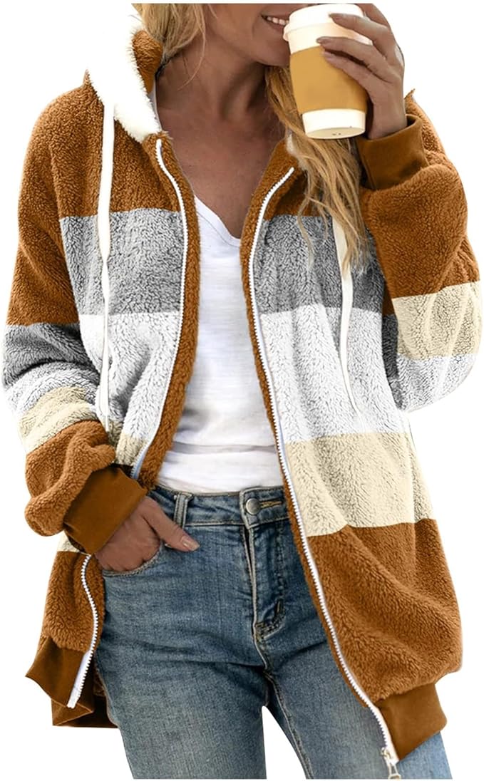 Fuzzy Fleece Jackets for Women Plus Size Hoodies Fall Winter Coats Color Block Patchwork Cardigan Coat with Pockets