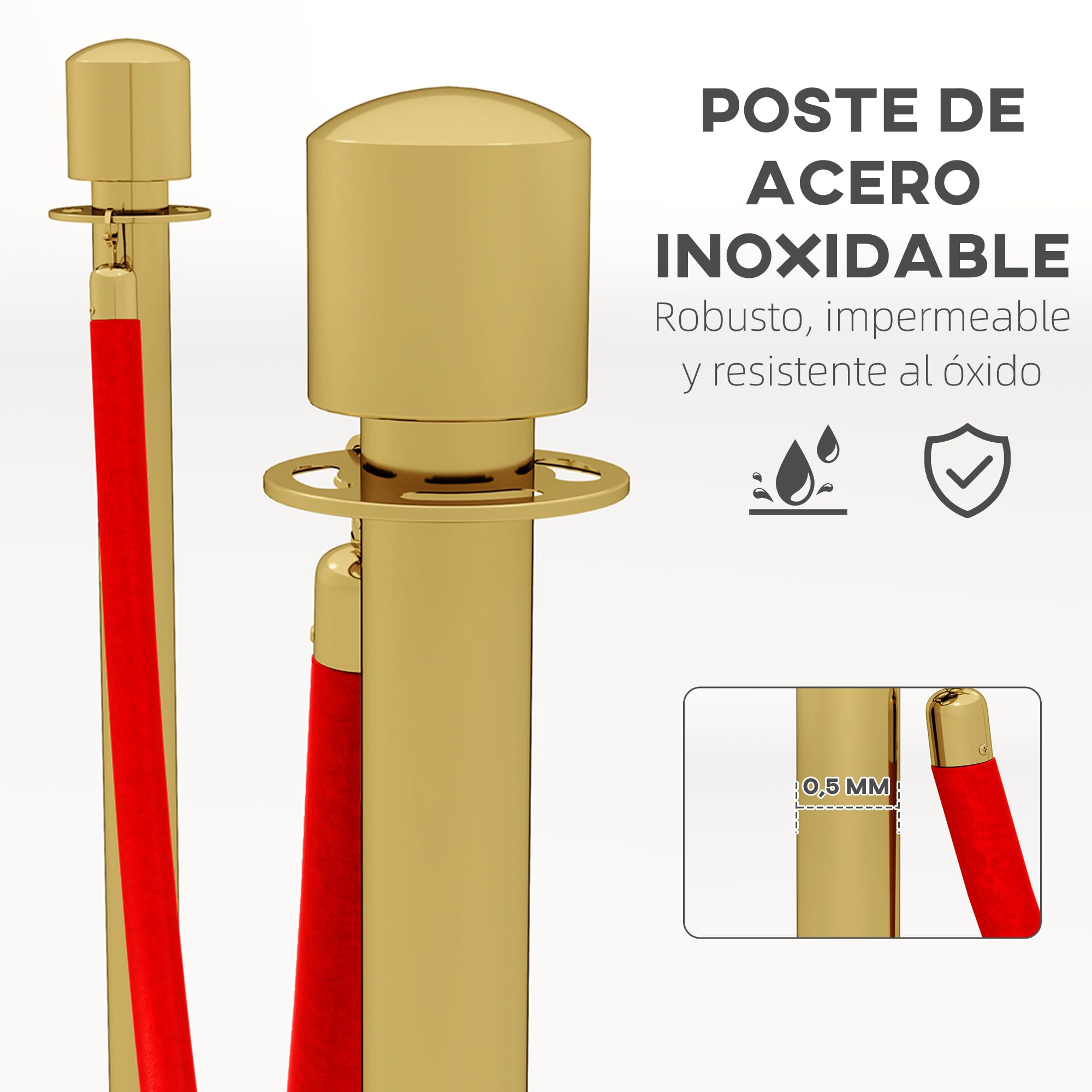 HOMCOM Juego de 2 Postes Separadores de Acero Inoxidable, Barreras de Seguridad con Cuerda de Terciopelo Roja 1,5 m y Base Rellenable de Agua, Dorado