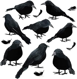 Jetec 8 Pack Halloween Black Feathered Crows Black Birds Handmade Realistic Crow with Real Feathers Ravens Prop for Yard Tree Garden Patio Indoor Outdoor Halloween Party Decoration Supply