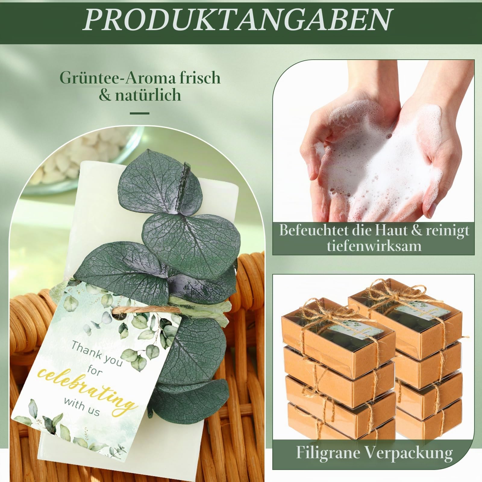 50 Sets Mini-Eukalyptus-Seifen, handgefertigte Seifen, Hochzeitsseife, Partygeschenke, Babyparty-Geschenke für Gäste, mit Dankeskarten, Box für Brautparty, Hochzeit