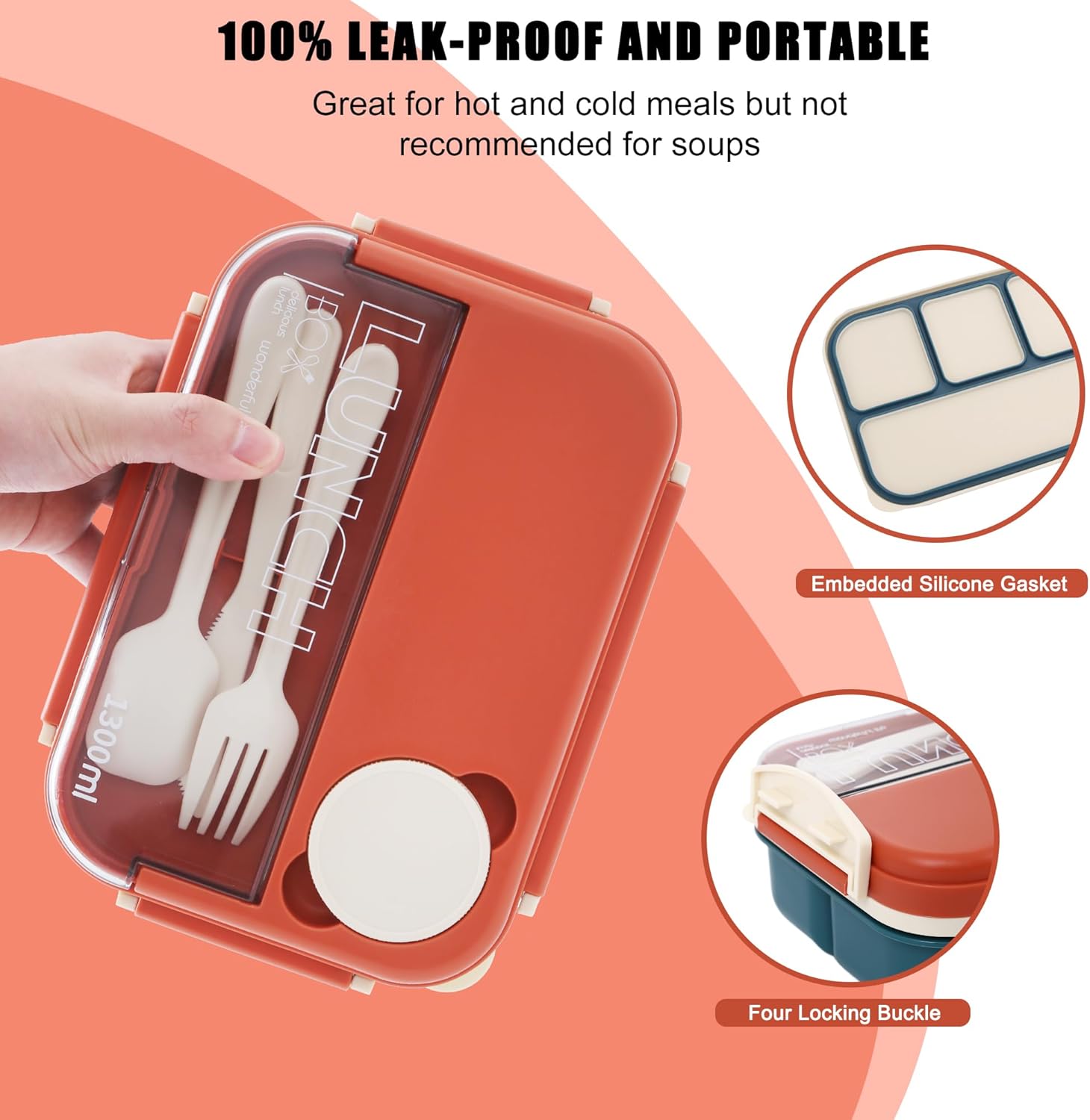 Bento box adult work lunch box, adult container, with 4 compartments, lunch container with cutlery ( knife, fork, spoon, sauce box), animal fruit fork, microwave and dishwasher safe, Orange Blue - Image 8