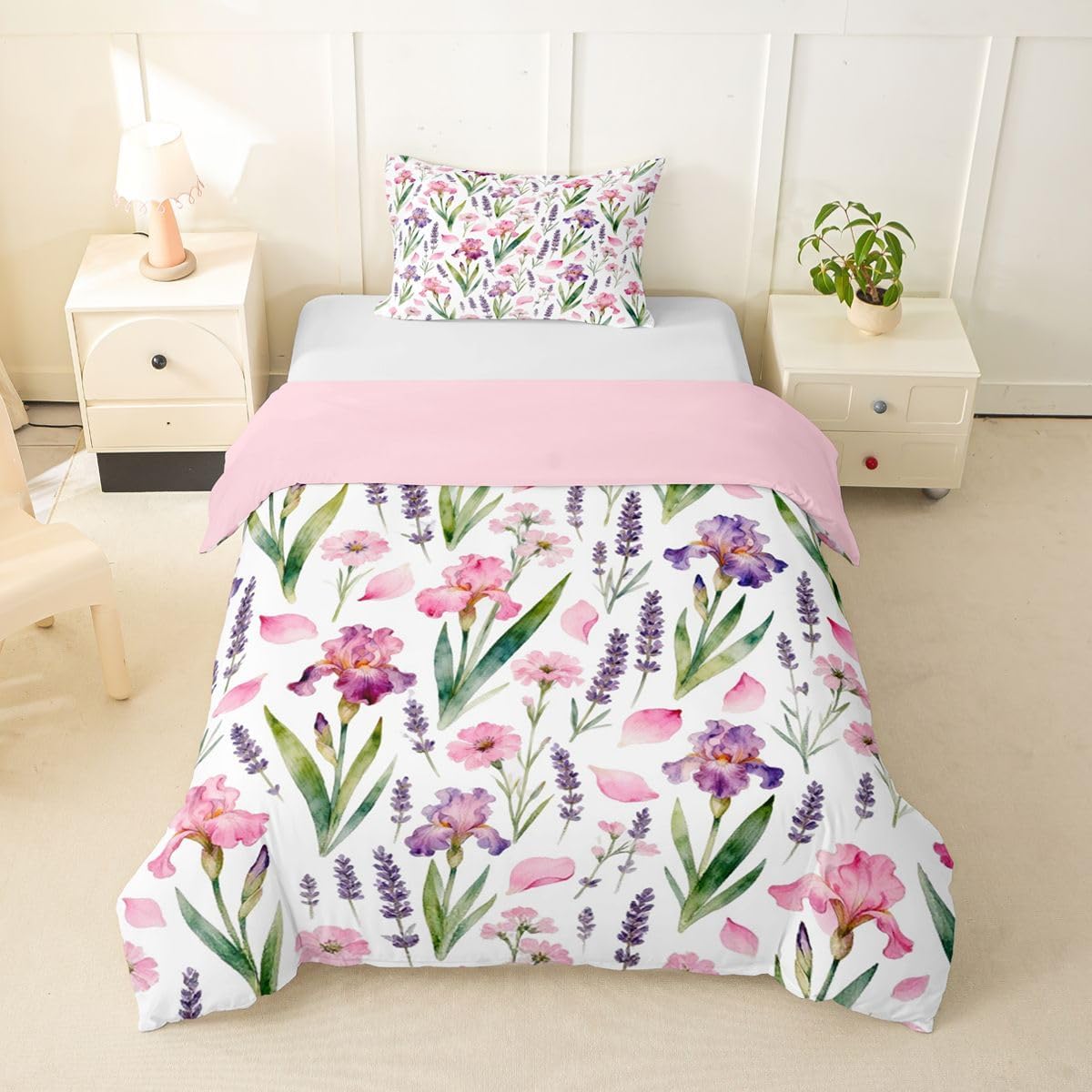 Erosebridal Cute Floral Duvet Cover Toddler Size Cartoon Flower Bedding Set for Kids Boys Girls Spring Garden Plants Comforter Cover Kawaii Pink Bedclothes Room Decor