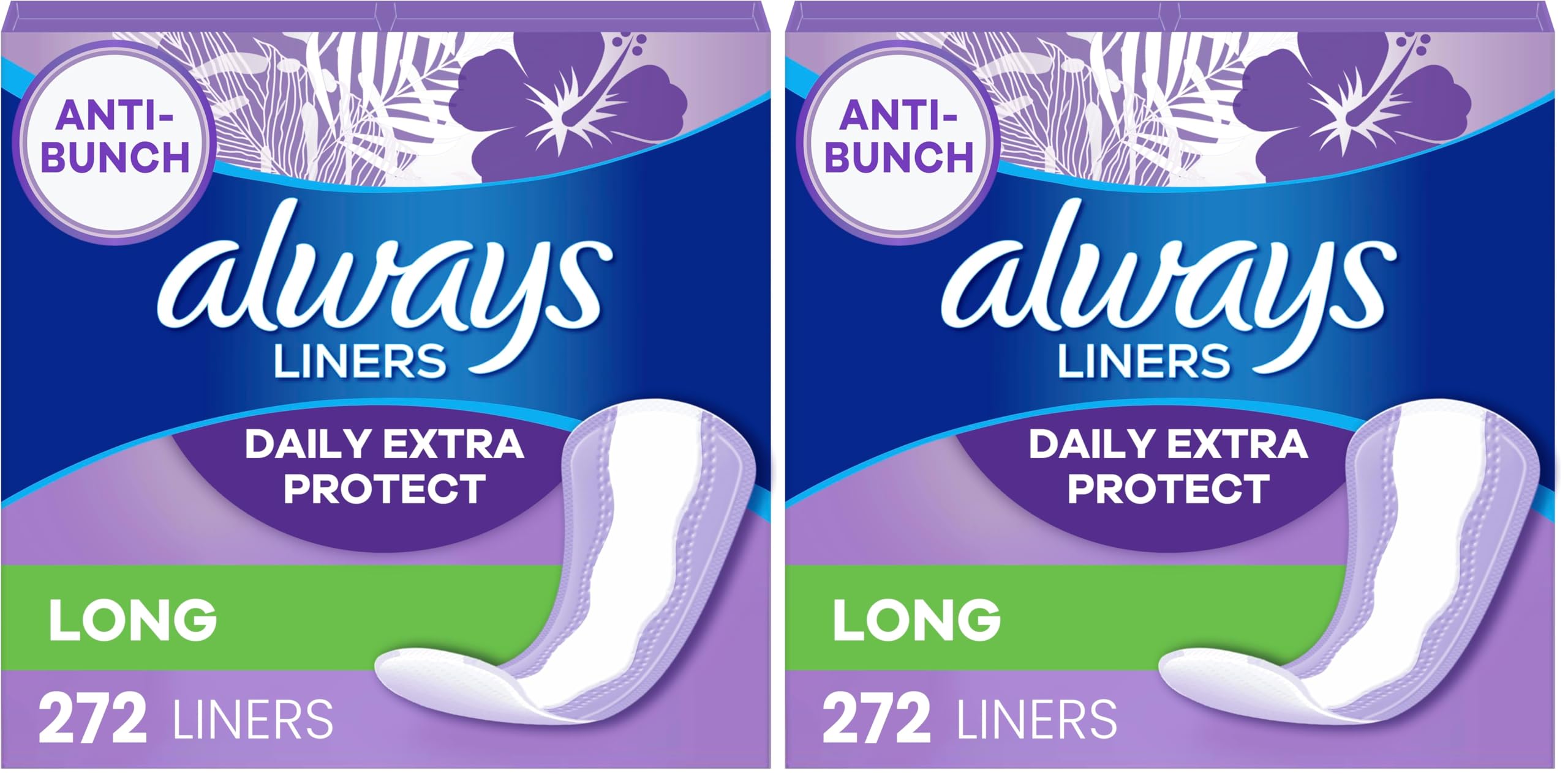 Always Daily Extra Protect Liners, Long Length, Unscented Panty Liners, 544 Count (Pack of 2)