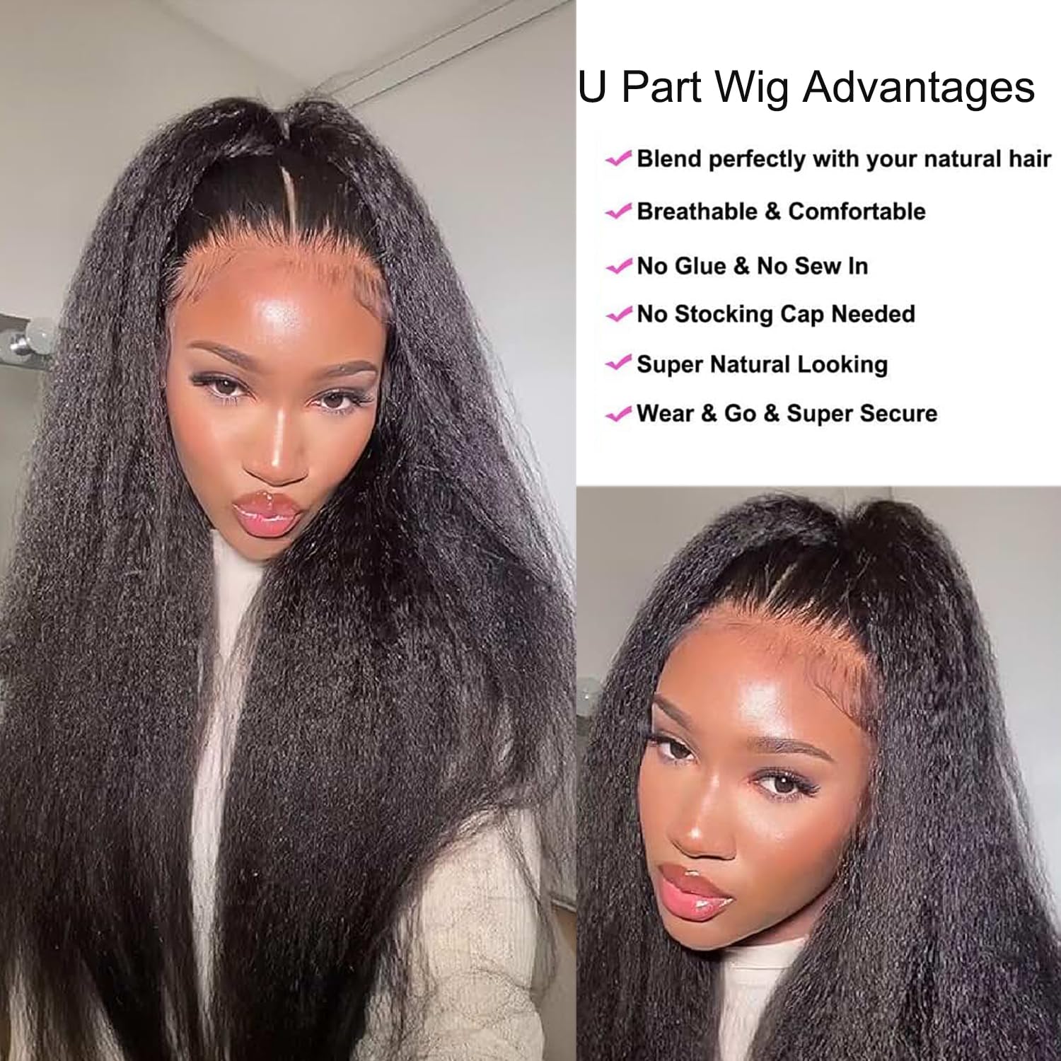 U Part Human Hair Wig Kinky Straight U Part Wig Human Hair for Black Women Glueless Wigs Clip Upgrade Natural Hair Wigs Beginner Friendly 150% Density 30 inch - Image 3