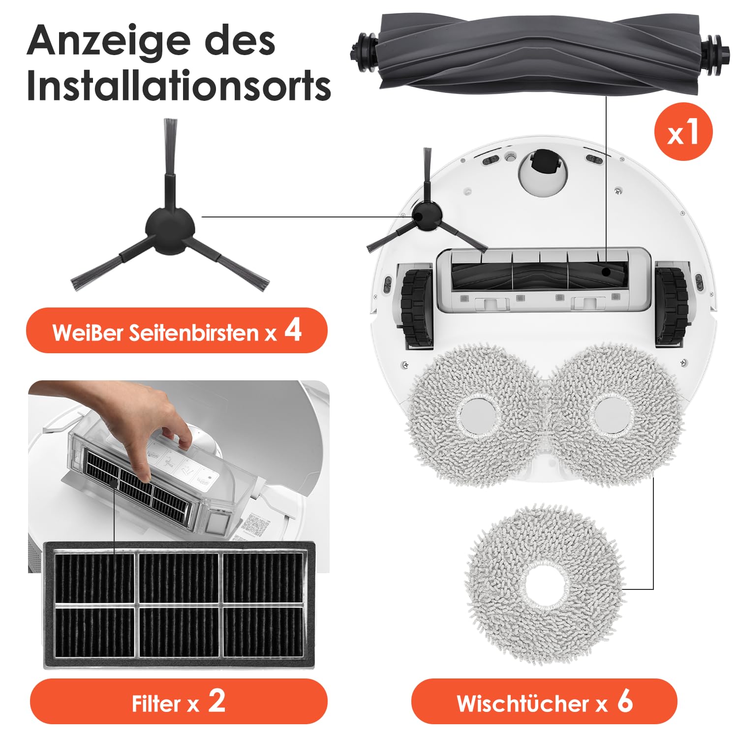 Zubehörset für dreame L10s Pro Ultra Heat / L10s Ultra Gen 2 / X30 Ultral/Mova E30 Ultra, 6*Staubbeutel 6*Mopp Wischpad 1*Hauptbürste 4*Seitenbürsten 2*Filter, Saugroboter Ersatzteile Zubehör