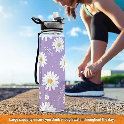 Miniatura 6 de Daisy Flower - Botella de agua de color morado con tapa de pajilla, 32 onzas, a prueba de fugas, transparente, para gimnasio, mujeres y hombres,