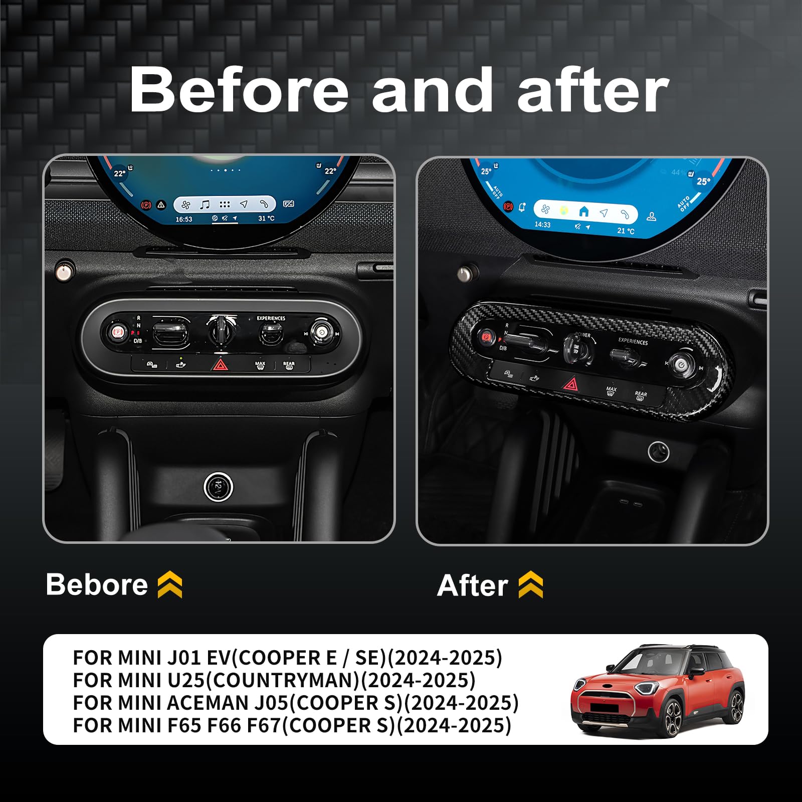 KUNGKIC Für Mini Cooper JO1 EV E/SE U25 J05 F65 F66 F67 2024 2025 Harte Kohlefaser Auto Zentrale klimaanlage Bedienfeld Rahmen Dekorativ Innenraum Aufkleber Zubehör,Geschenk (Schwarz)