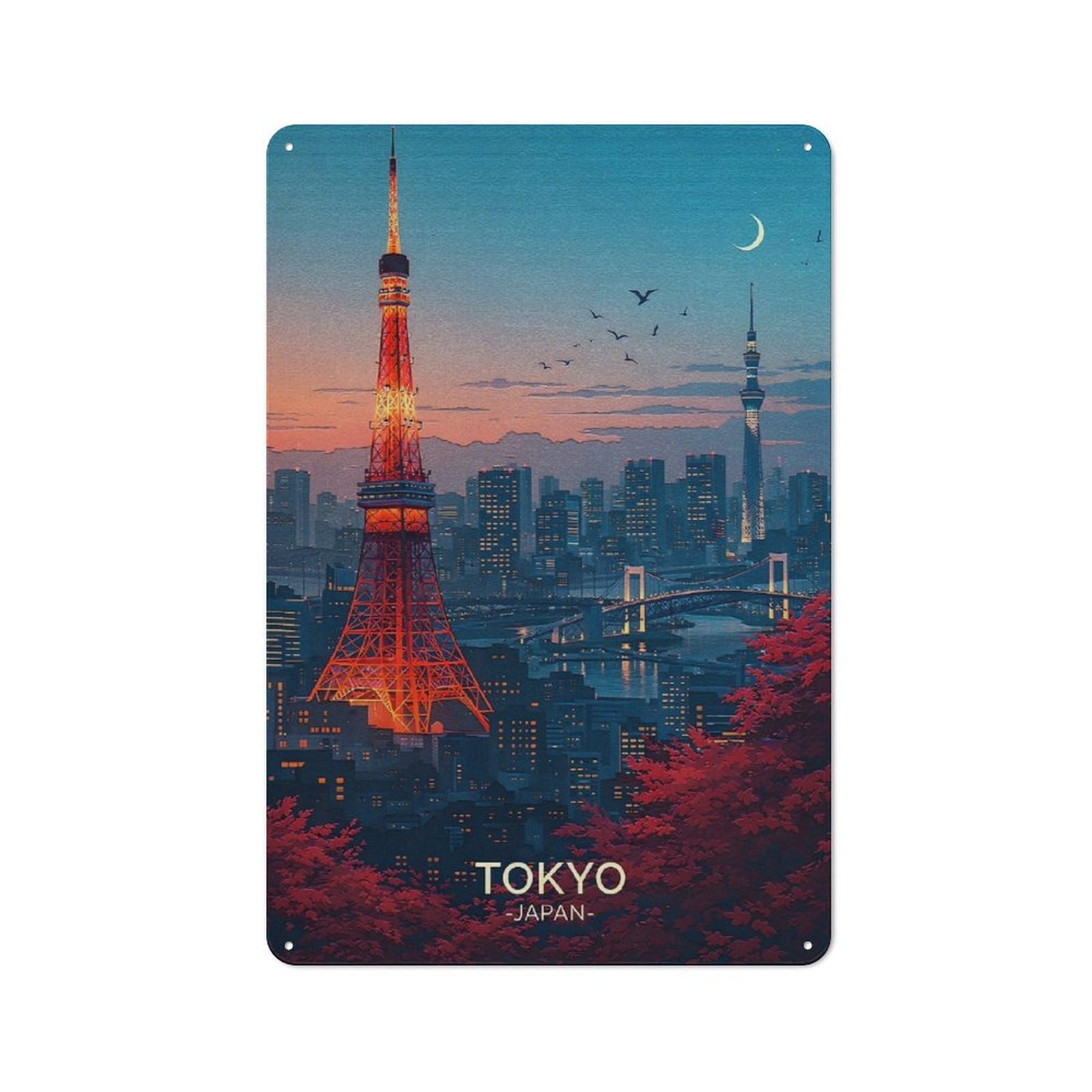Junmoney Style-13 Tokyo Cityscape At Dusk Warehouse Style Metal Wall Decor 30X20cm, Tin Wall Sign For Modern Home, Workshop, Office Or Cafe