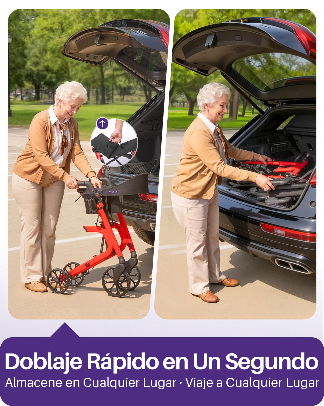 Kekoy K2 Andador para ancianos con asiento plegable de aluminio, regulable en altura, 181 kg de carga, andadores adultos con cojín de asiento de 44 cm, respaldo y bolsa de almacenaje, rojo