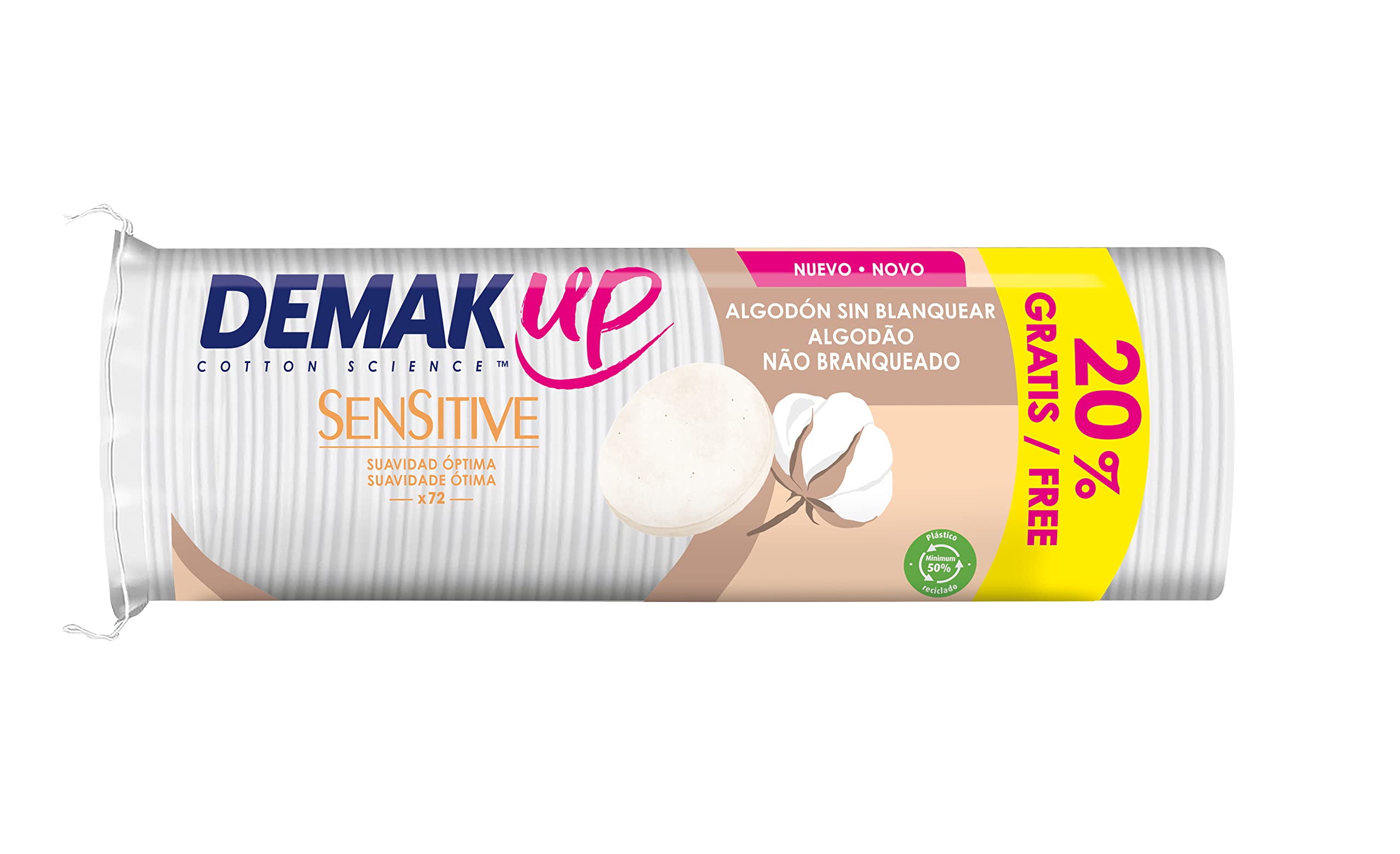 Demak'Up Sensitive x72 - Discos Desmaquillantes Ultra Suaves para Pieles Sensibles - Cara y Ojos - Fibra de Algodón 100% Natural - Paquete con 72 Discos