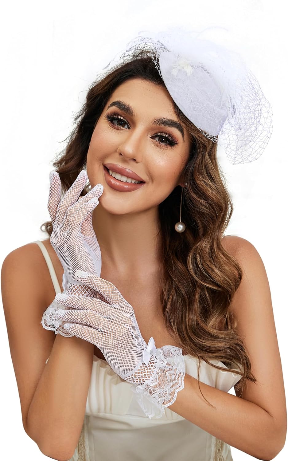 20s 50s Pillbox Derby Fascinator Hat Veil Feather Fascinators Hair Clip Wedding Tea Party Hat and Short Lace Gloves for Women